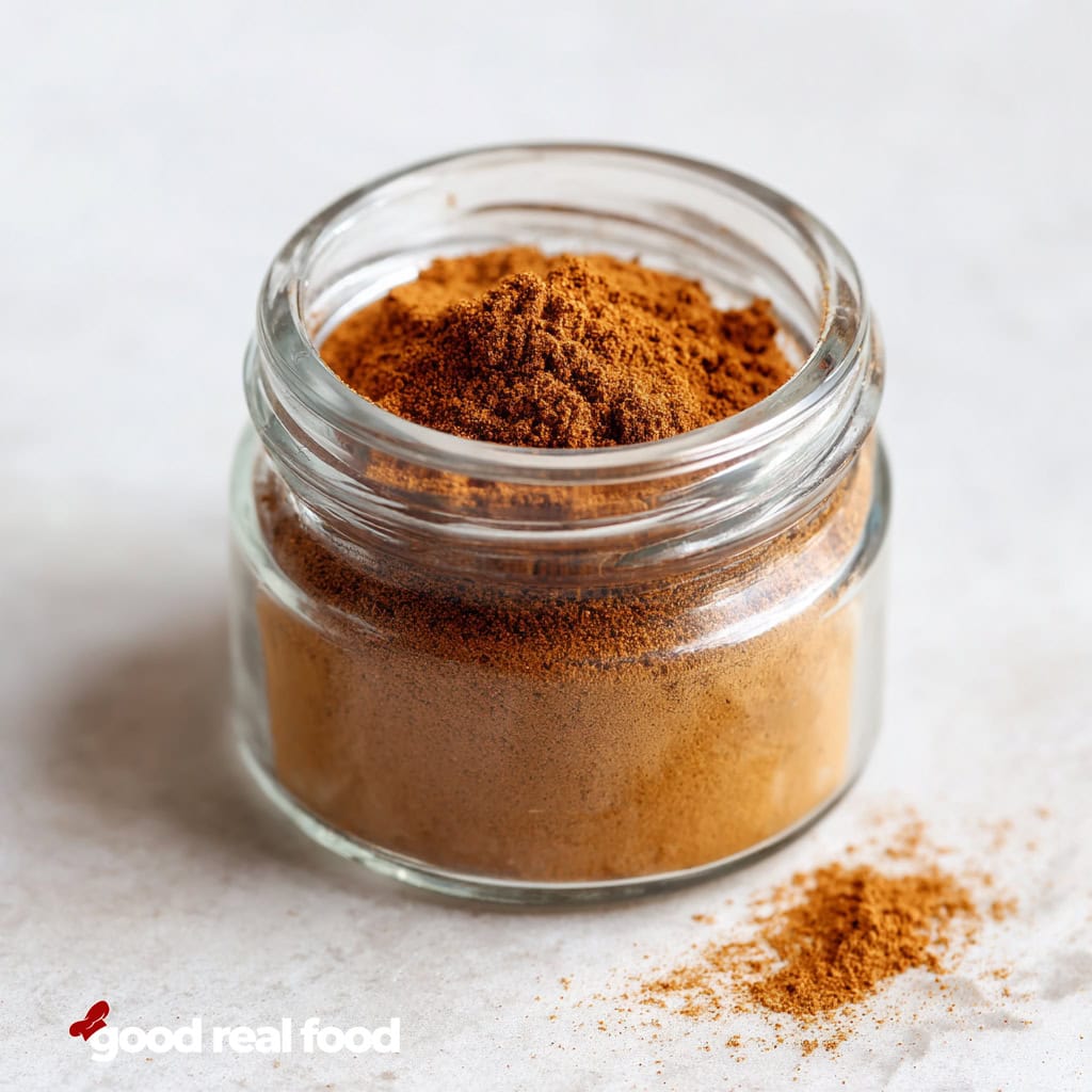 A small spice jar filled with homemade pumpkin pie spice.