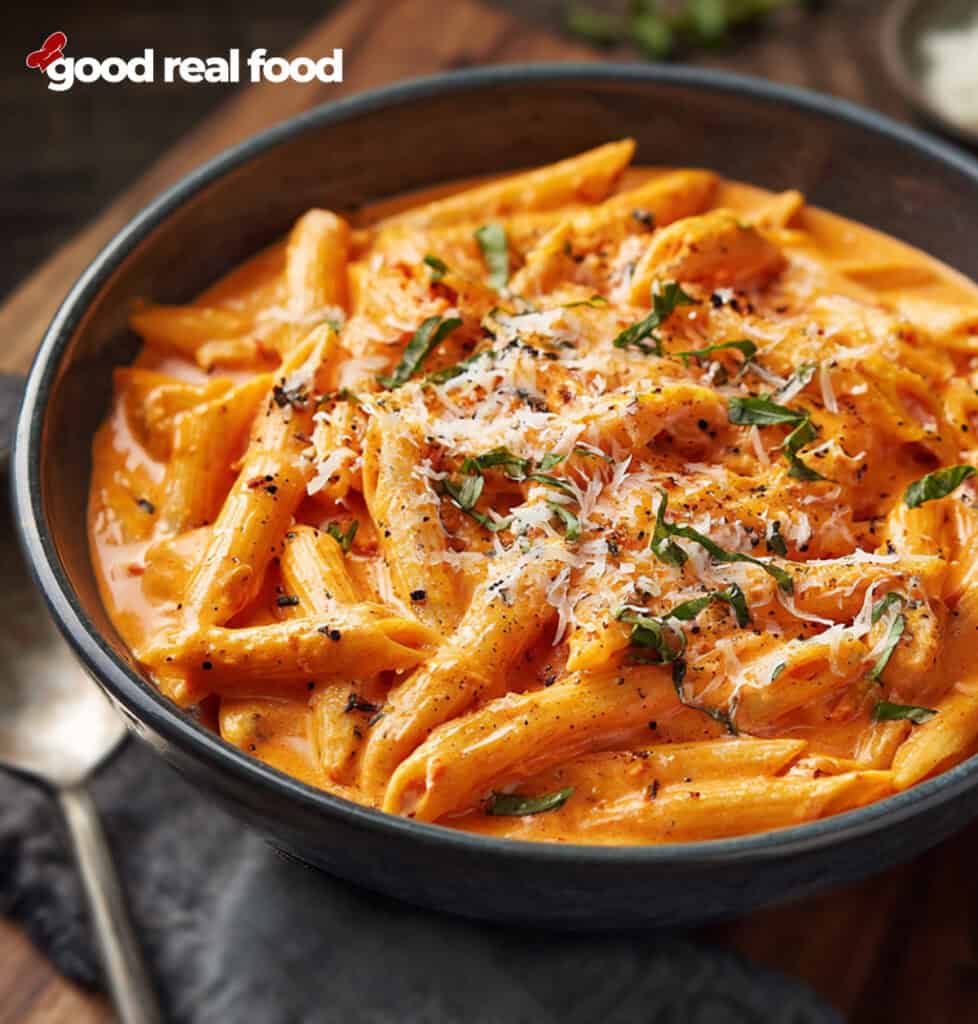 a bowl of penne alla vodka with homemade vodka sauce.