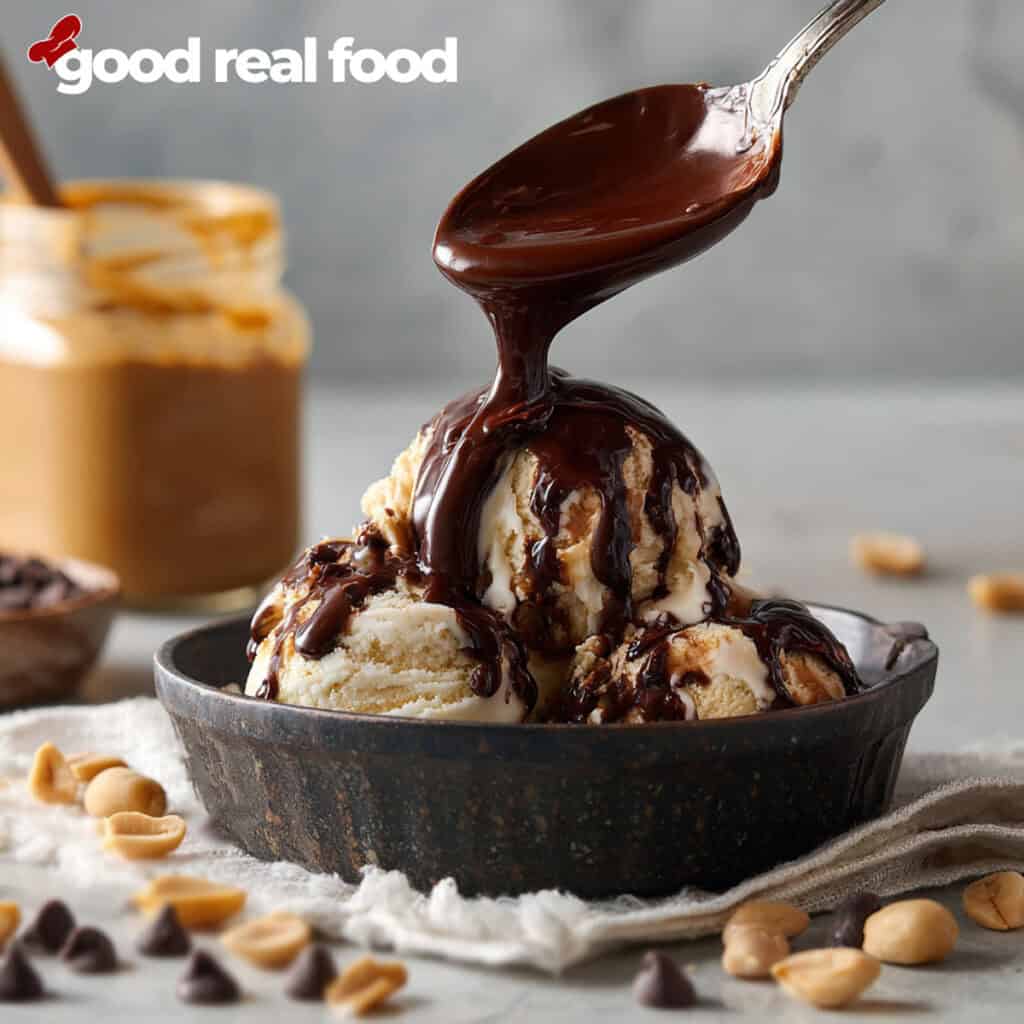 Peanut Butter Hot Fudge being poured over ice cream.