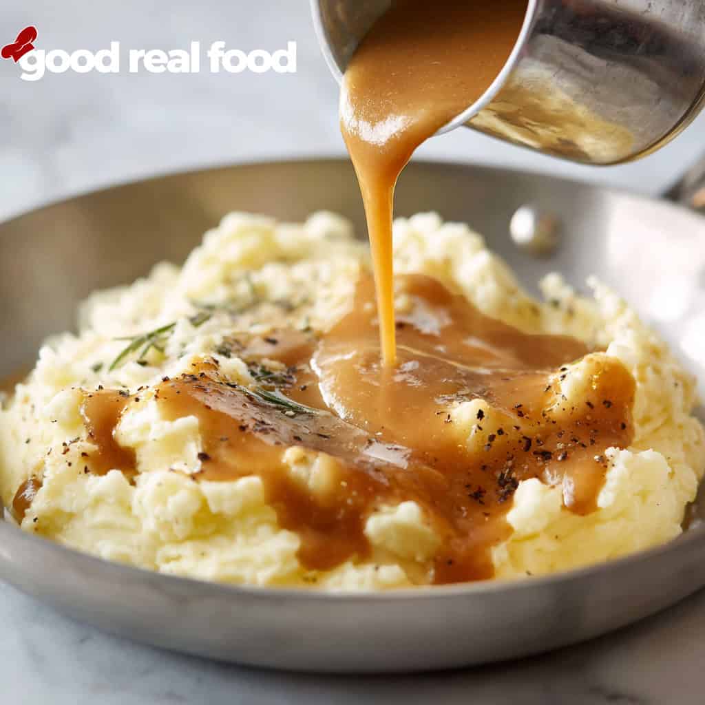 a bowl of mashed potatoes topped with brown gravy.