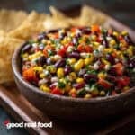 Cowboy caviar in a bowl served with tortilla chips.