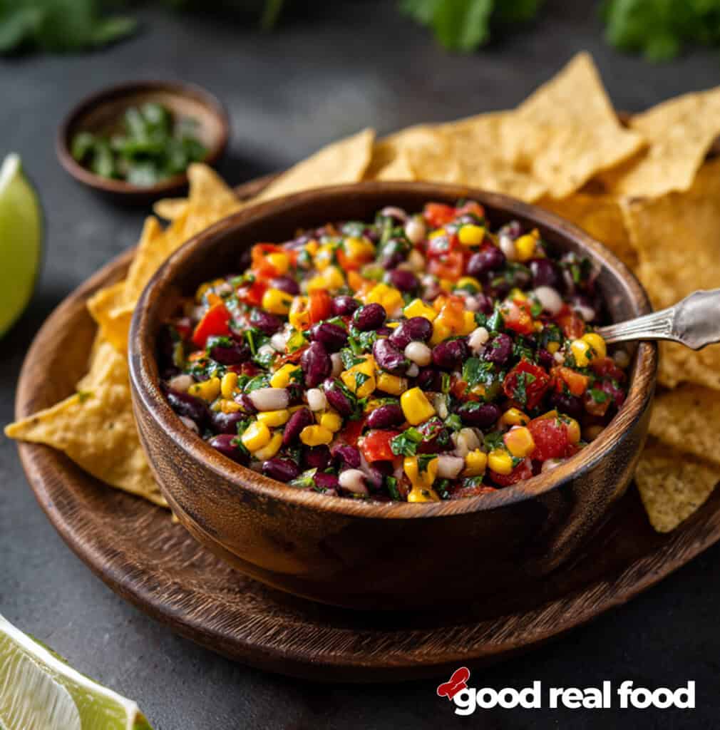 Cowboy caviar in a bowl served with tortilla chips.