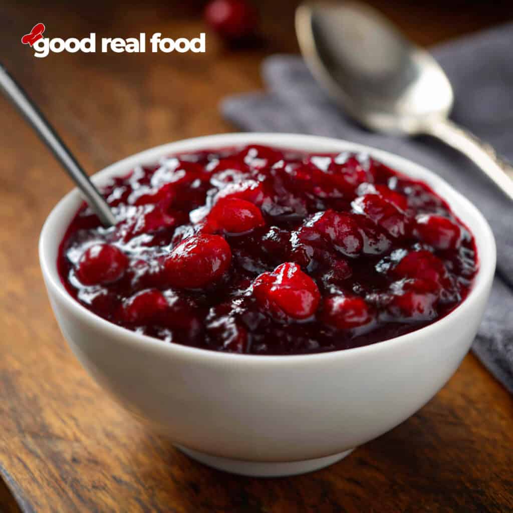 A white bowl of easy cranberry sauce on a wooden surface.