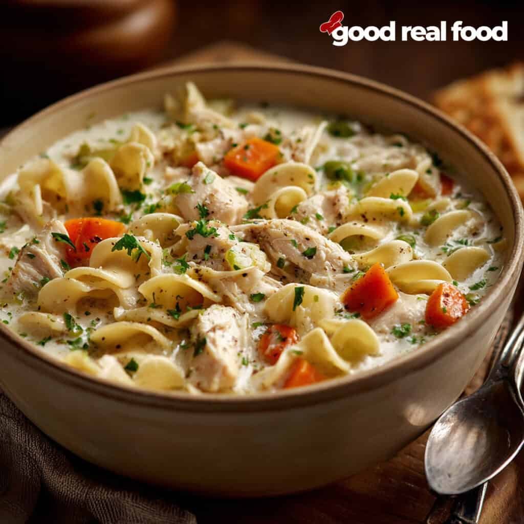 A bowl of Creamy Chicken Noodle Soup