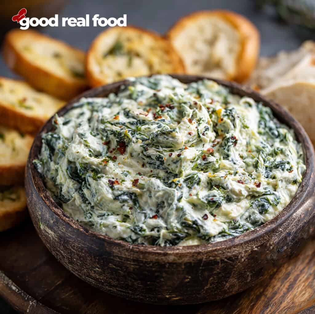 Spinach Dip in a wooden bowl with bread for dipping.