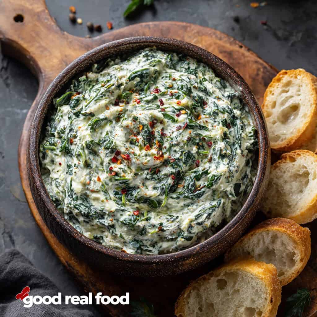 Spinach Dip in a wooden bowl with bread for dipping.