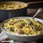A bowl of creamy swedish meatball soup.