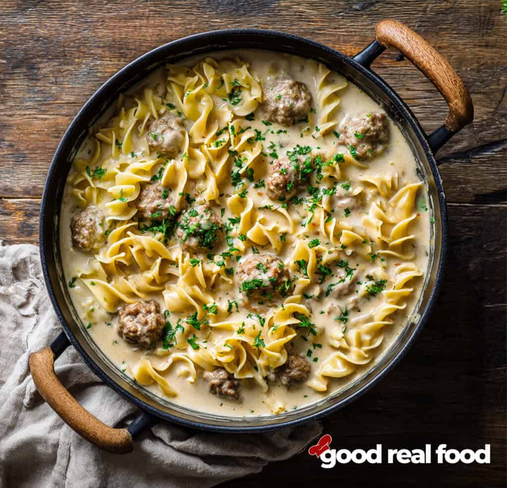 A pot of creamy swedish meatball soup.