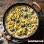 A pot of creamy swedish meatball soup.