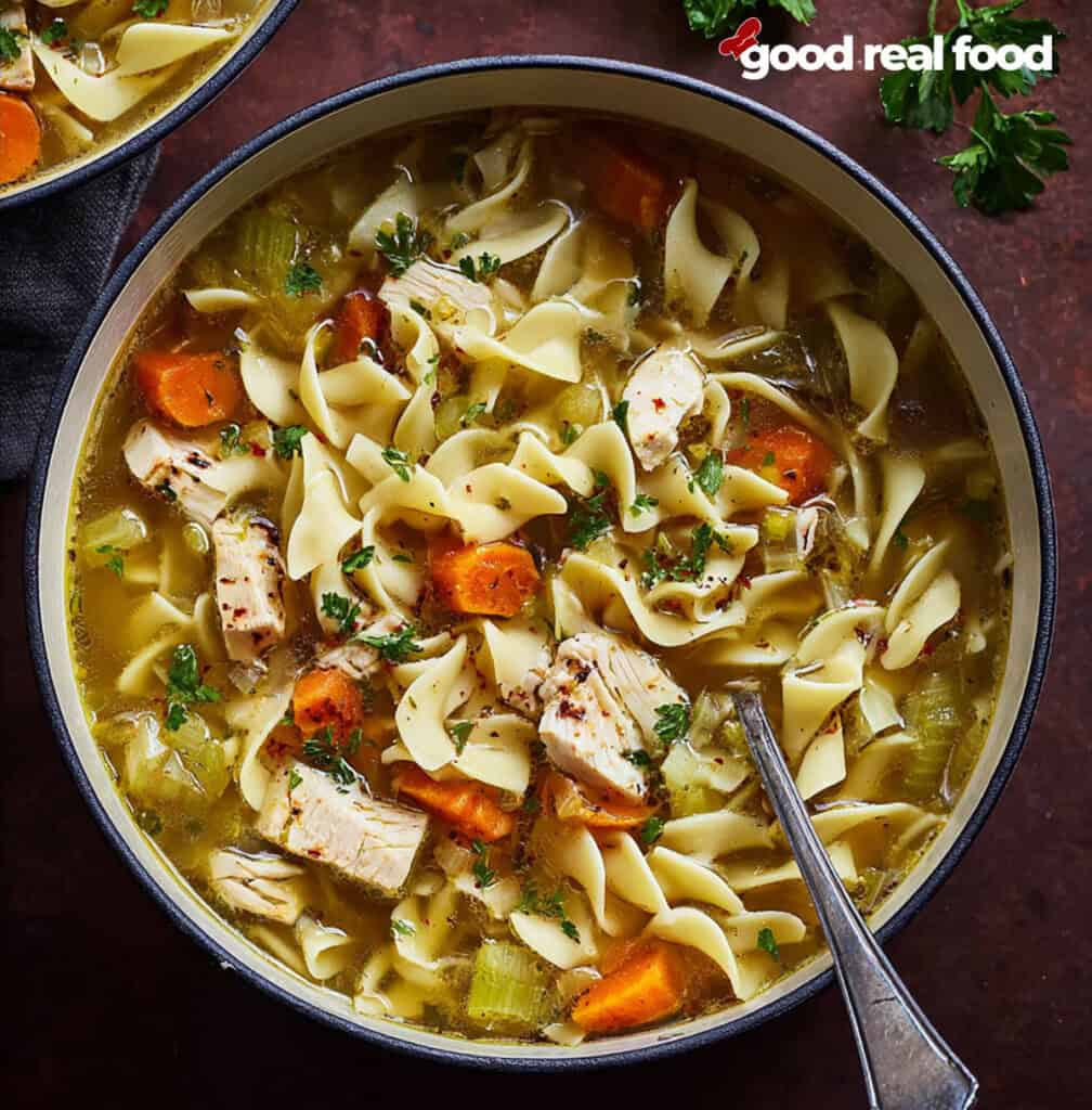 A bowl of turkey noodle soup.