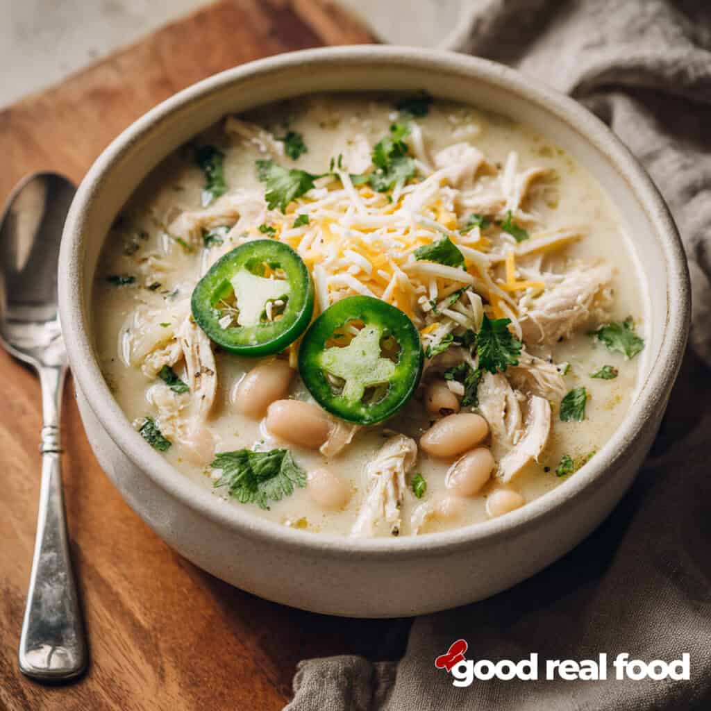 A ceramic bowl of white chicken chili.