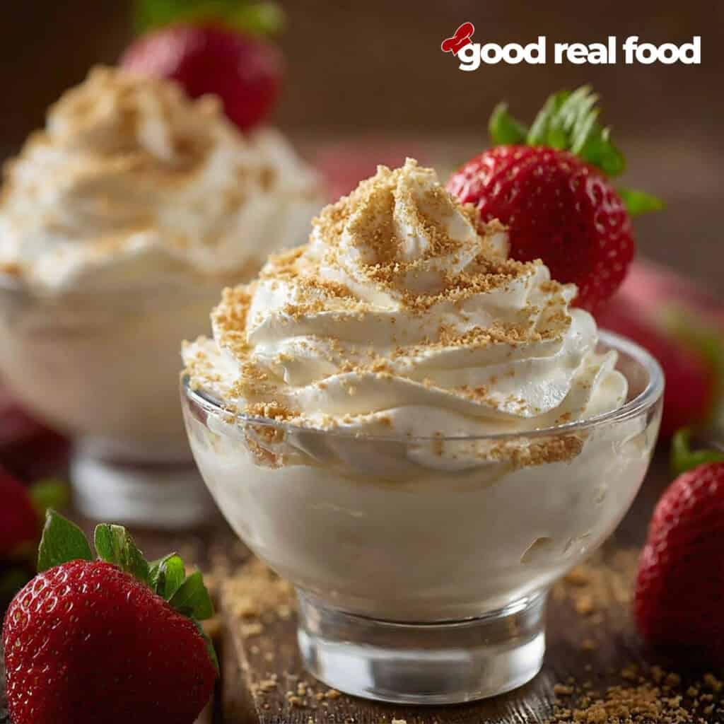 A clear dish filled with cheesecake mousse and garnished with a strawberry and graham cracker crumbs.