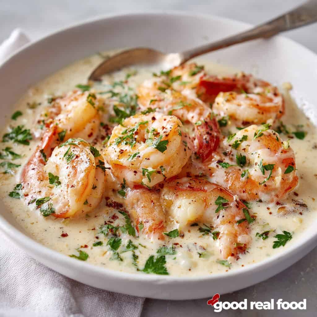 A bowl of creamy garlic shrimp.
