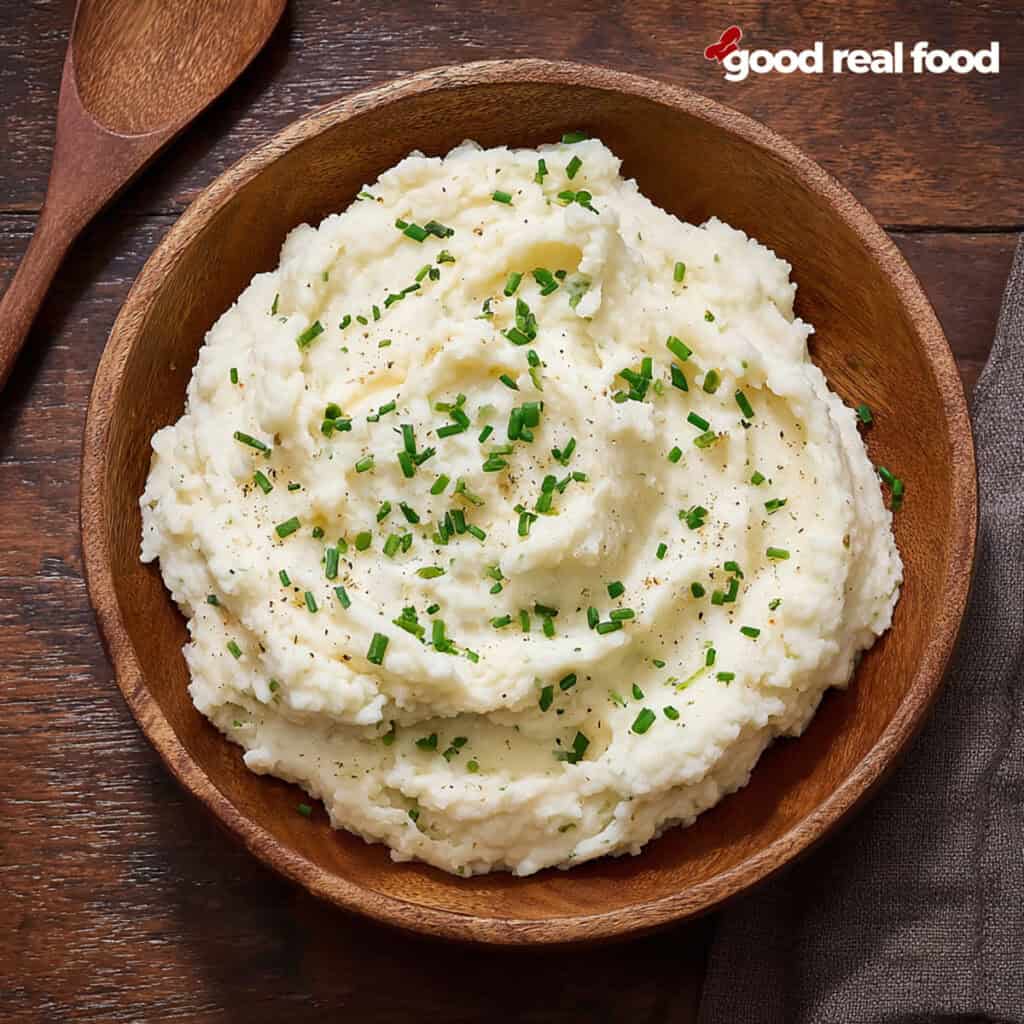 cauliflower mashed potatoes in a wooden bowl.