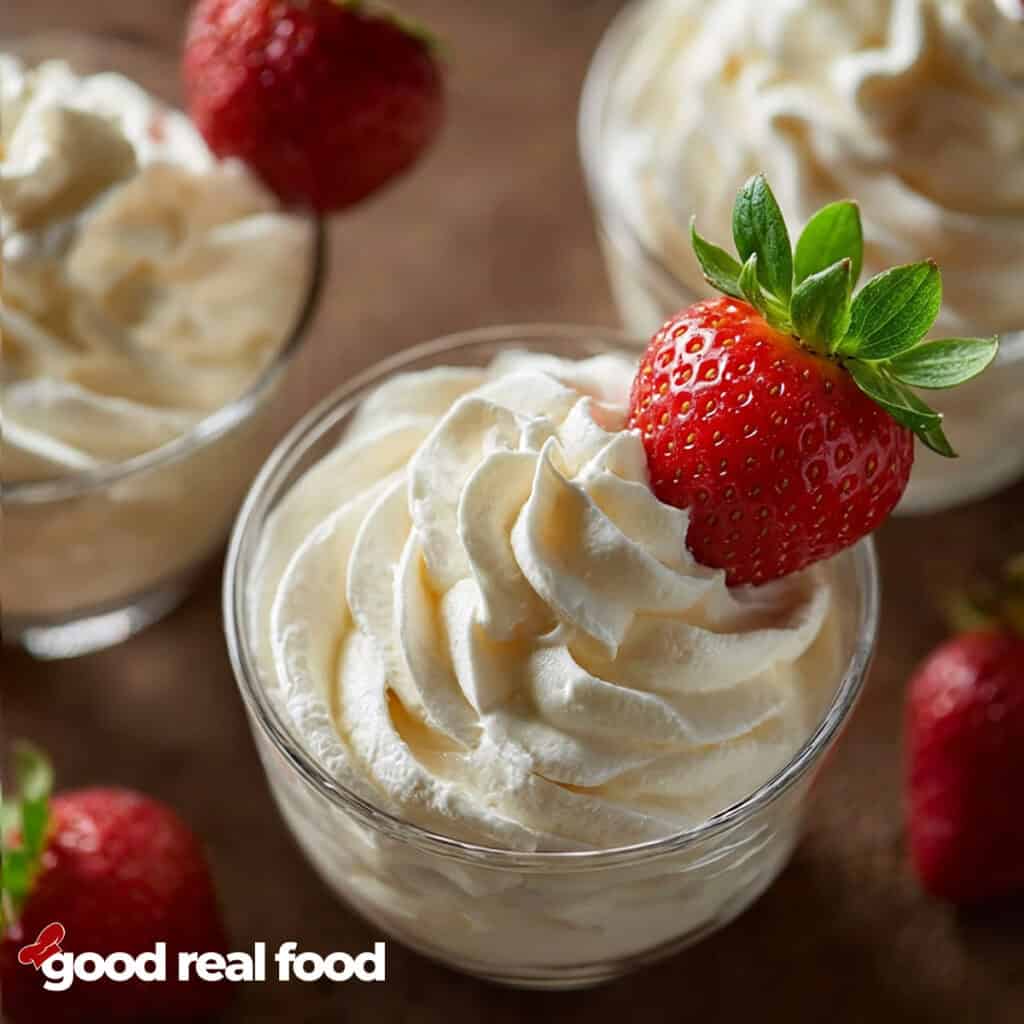 A clear dish filled with cheesecake mousse and garnished with a strawberry.