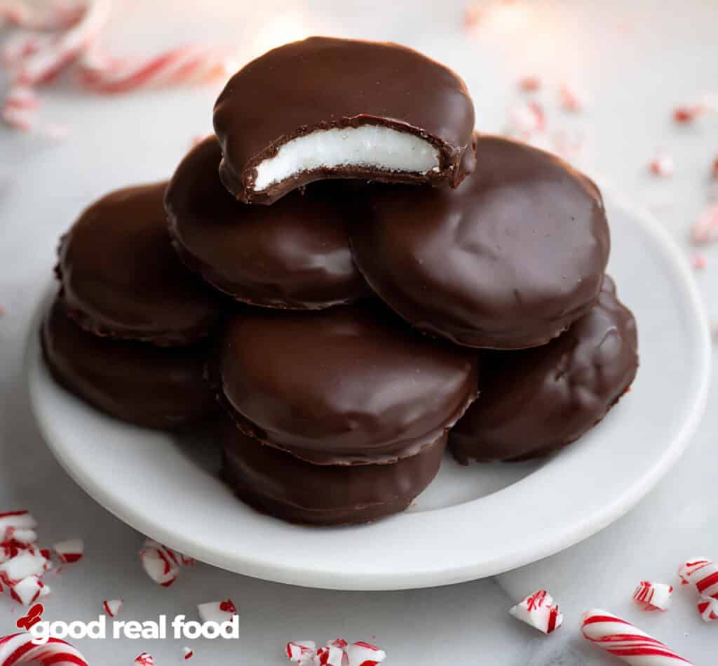 A stack of homemade peppermint patties.