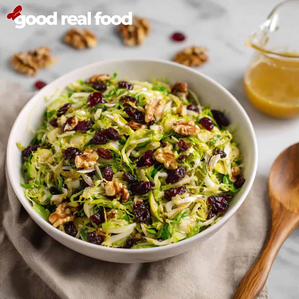 Shaved Brussels Sprout salad in a bowl.
