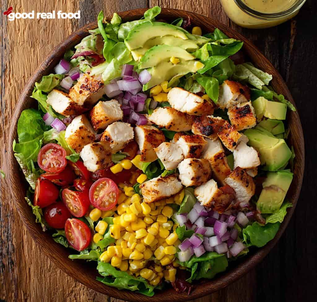 Avocado Chicken Salad in a wooden bowl, view from overhead.