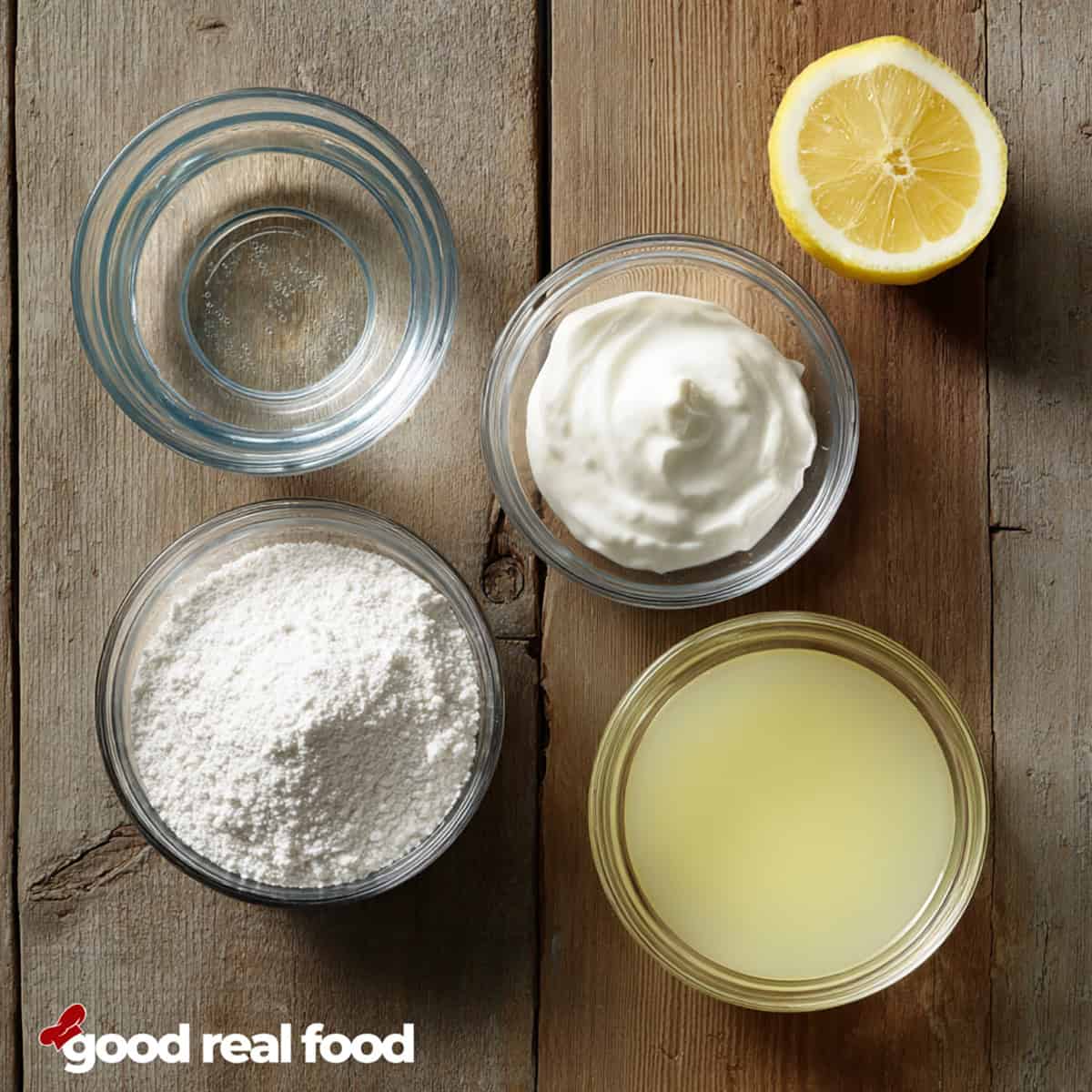 4 bowls of ingredients used to make homemade buttermilk.