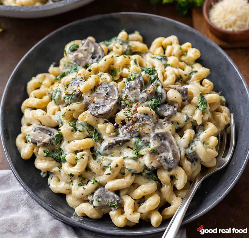 A plate filled with Roasted Garlic Mushroom Pasta.