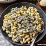 A plate filled with Roasted Garlic Mushroom Pasta.