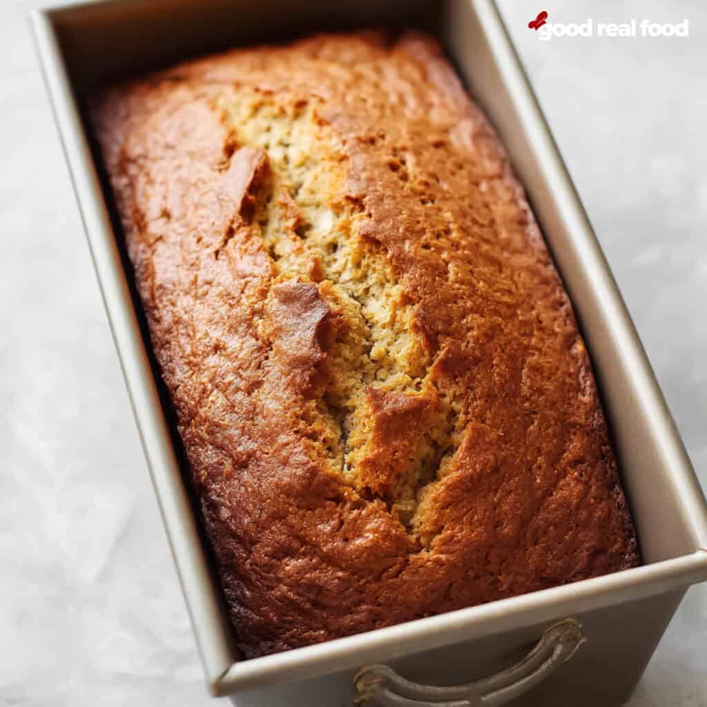 A loaf of banana bread in the ban.