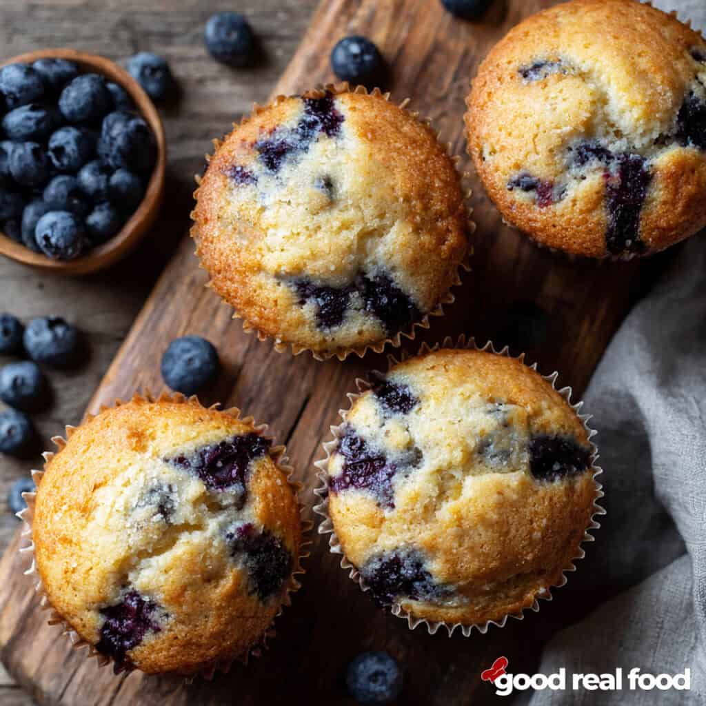 Blueberry Muffins on a wooden board.