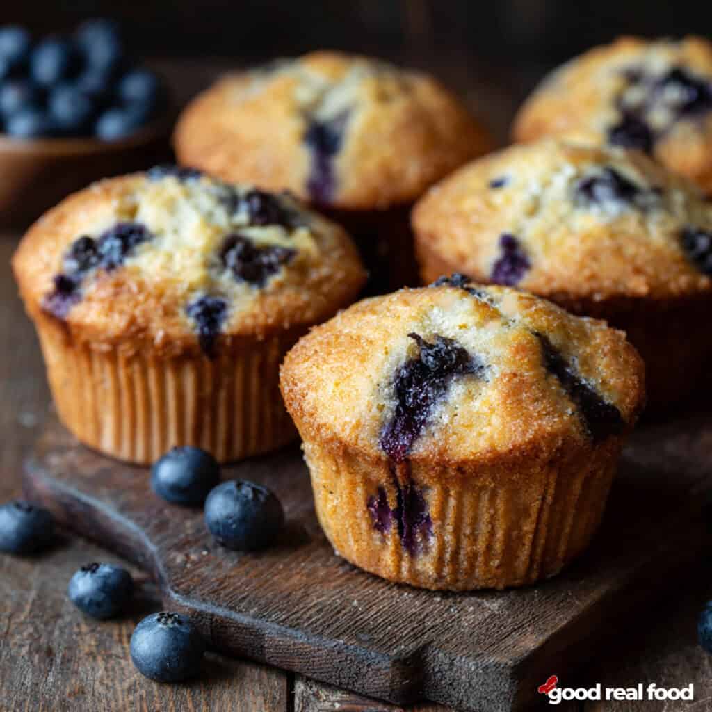 Blueberry Muffins on a wooden board.