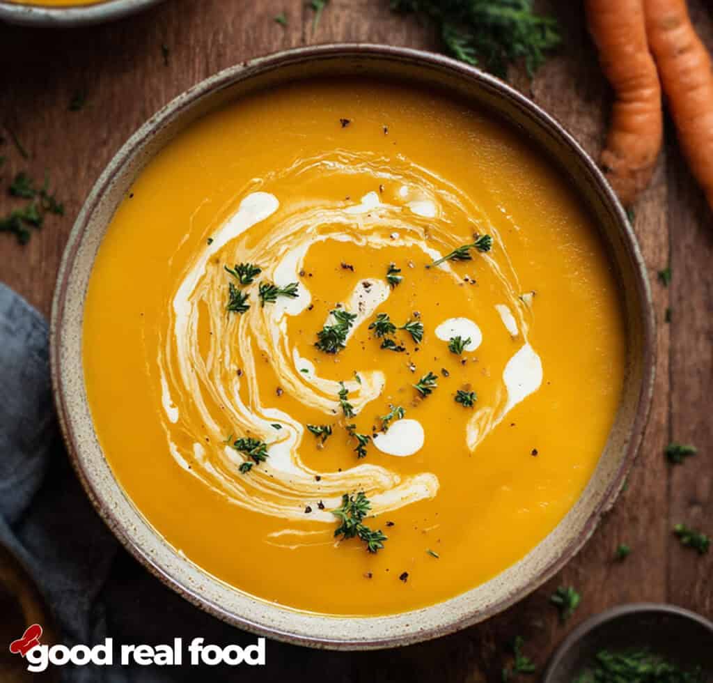 A bowl of carrot soup, view from overhead.