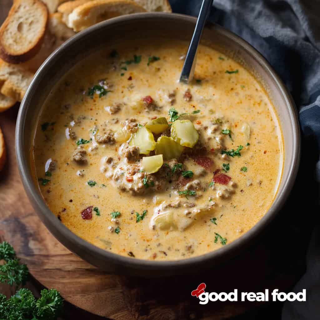 a bowl of cheeseburger soup topped with pickles.