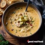 a bowl of cheeseburger soup topped with pickles.