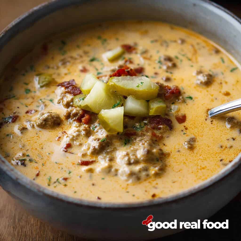 a bowl of cheeseburger soup topped with pickles.