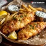 Fried fish with lemons and French fries.