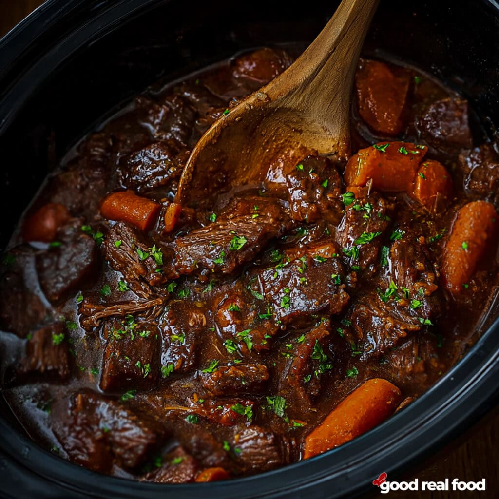 A slow cooker pot roast viewed from overhead.