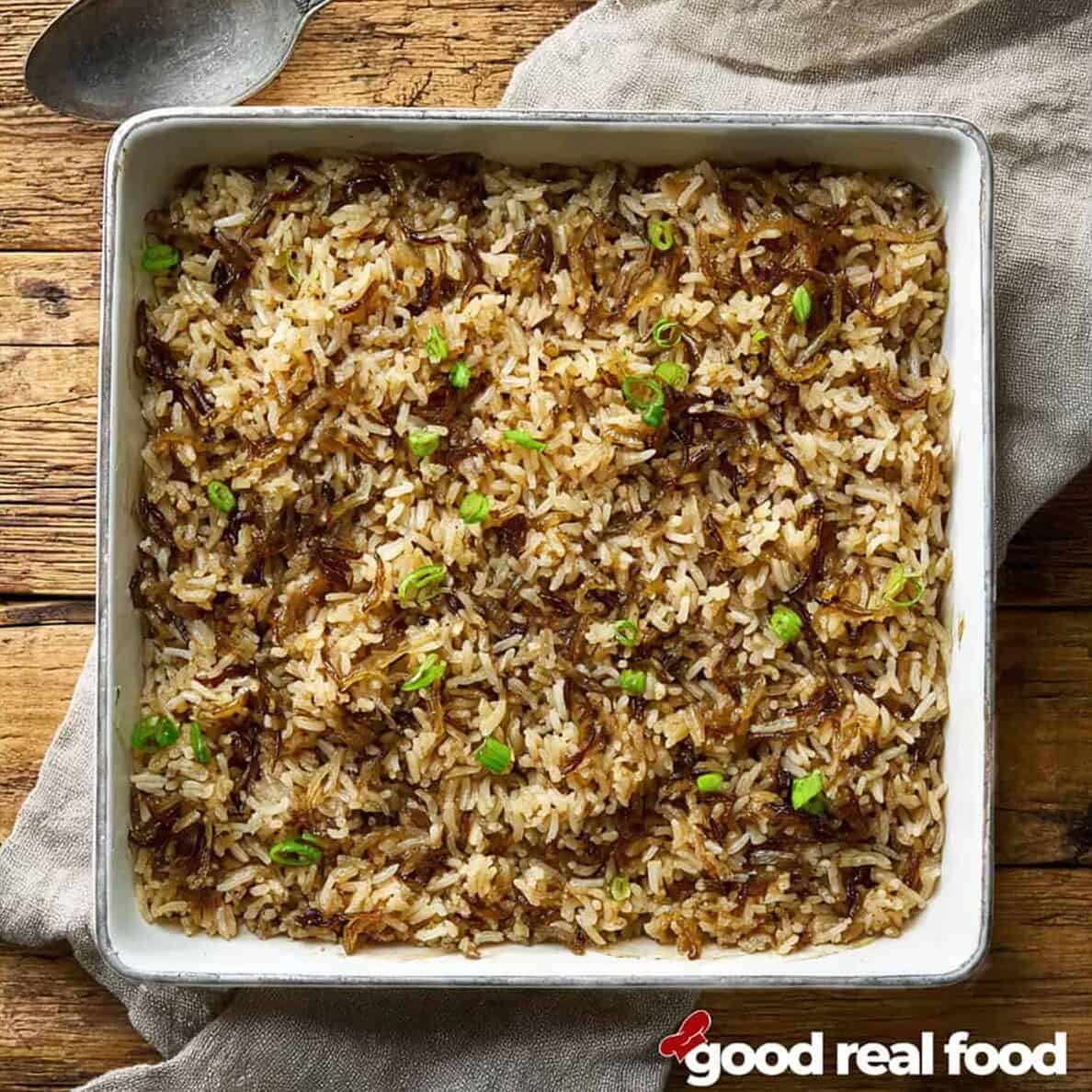an overhead view of a pan of stick of butter rice.