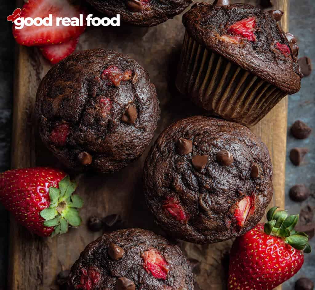 An overhead image of Chocolate Strawberry Banana Muffins
