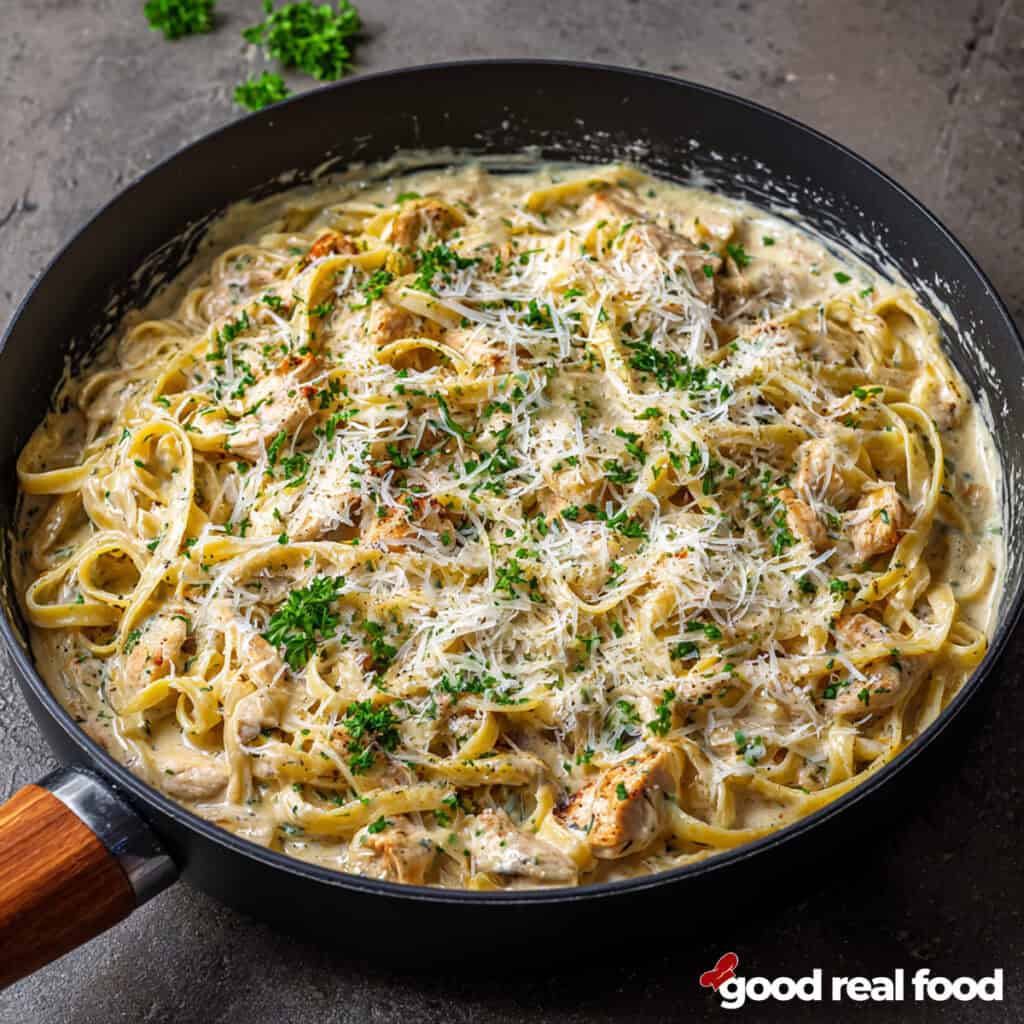 A pan of creamy chicken pasta.