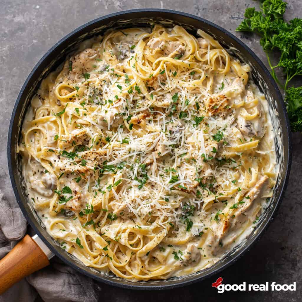 A pan of creamy chicken pasta.