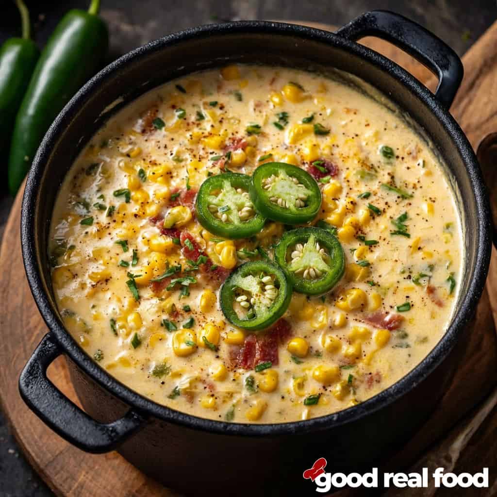 A Dutch Oven filled with Jalapeno Popper Corn Chowder.