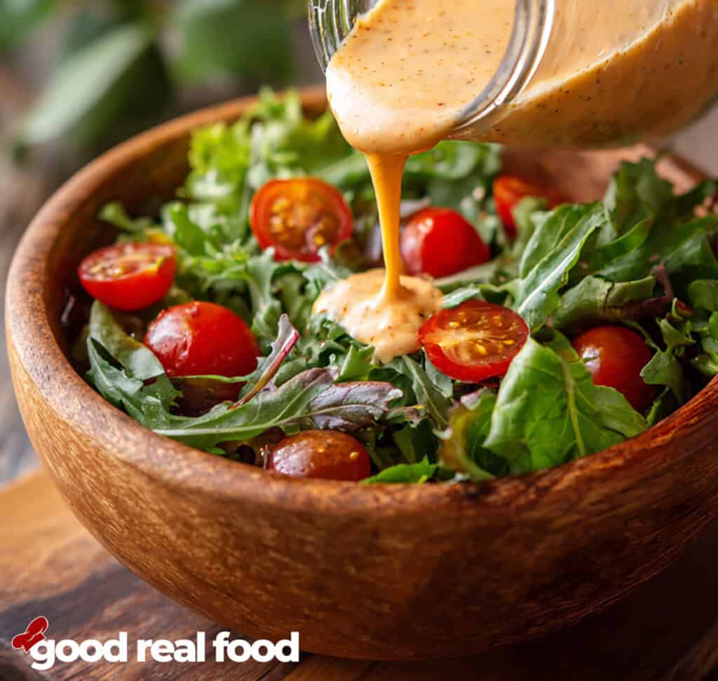 A salad being topped with Thousand Island dressing.