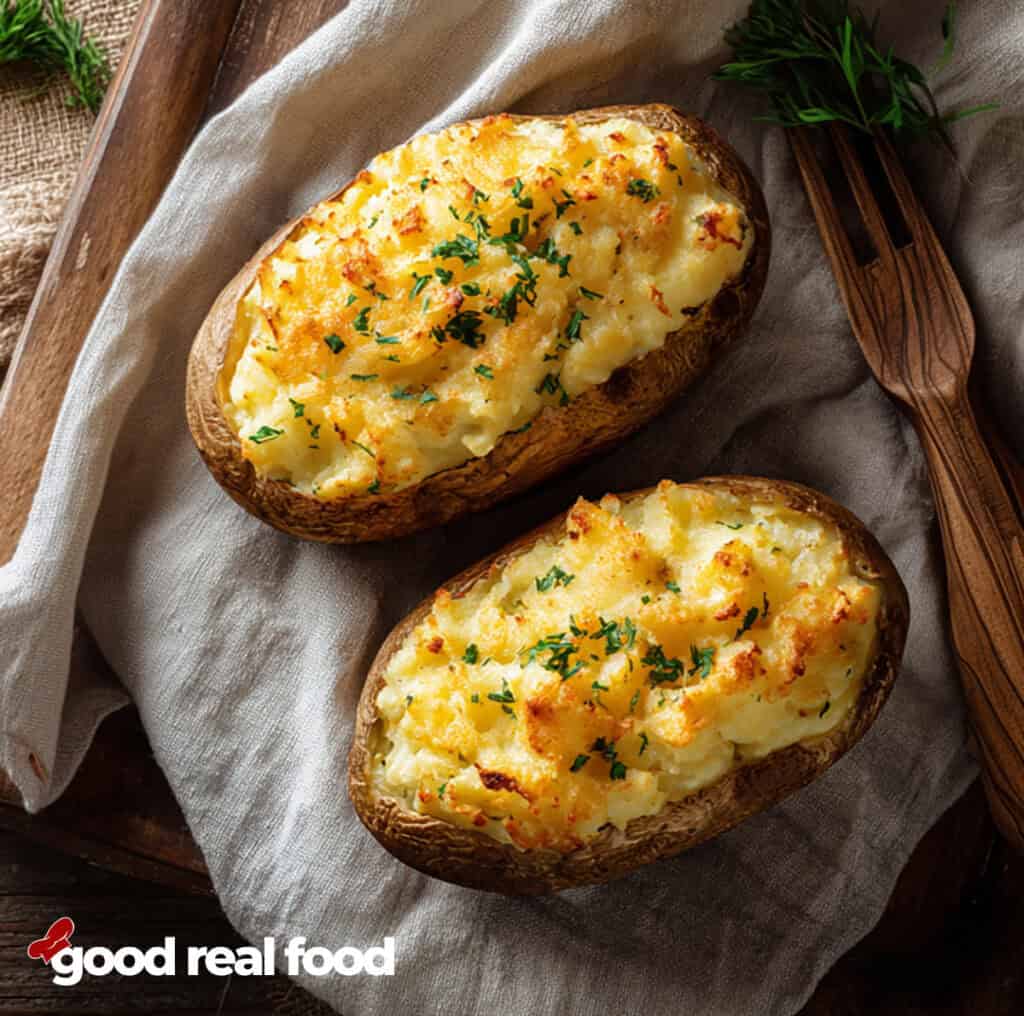 Twice-baked potatoes, viewed from overhead.