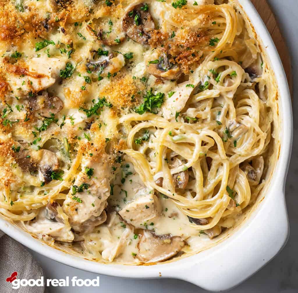 Overhead view of a casserole dish of Chicken Tetrazzini.