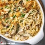 Overhead view of a casserole dish of Chicken Tetrazzini.