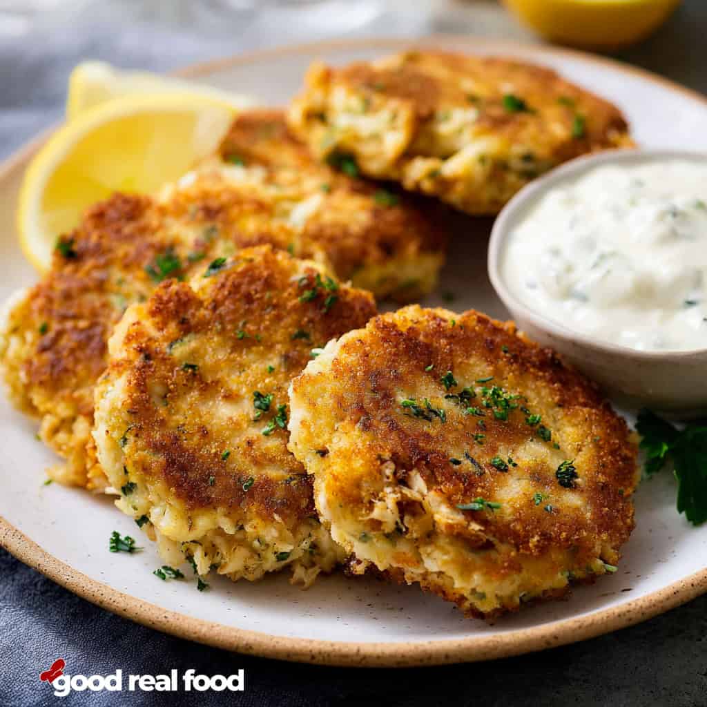 A plate of crab cakes.