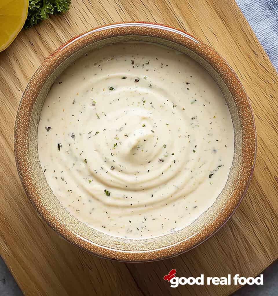 a ceramic bowl of homemade garlic aioli.