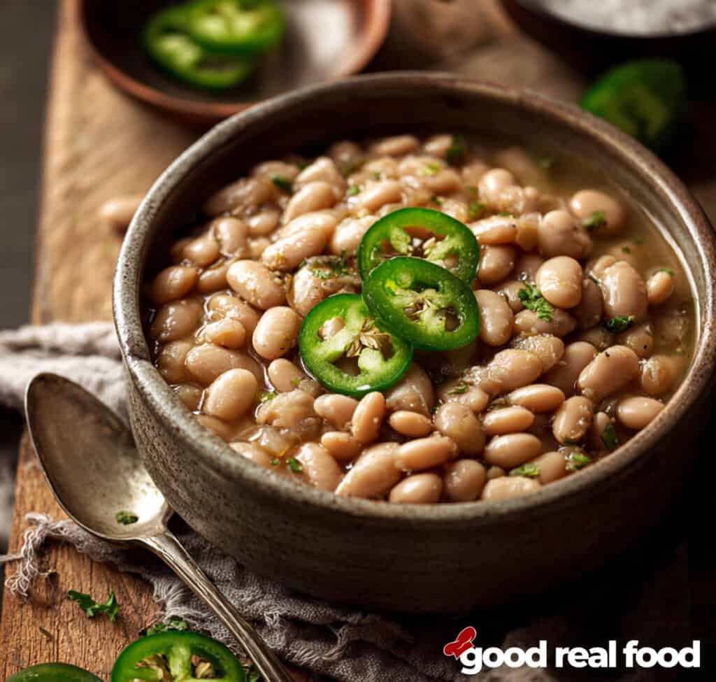 A bowl of pinto beans with jalapeño slices as garnish.