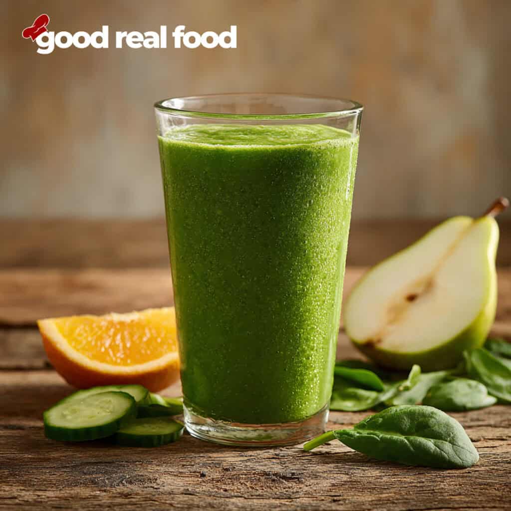 Green Smoothie with oranges and pears and spinach leaves.