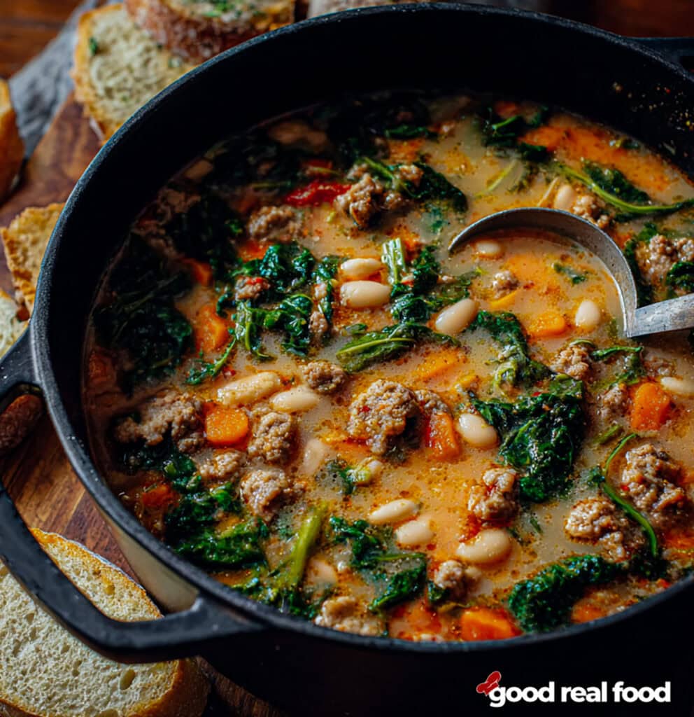 A large pot of Tuscan White Bean Sausage Soup.