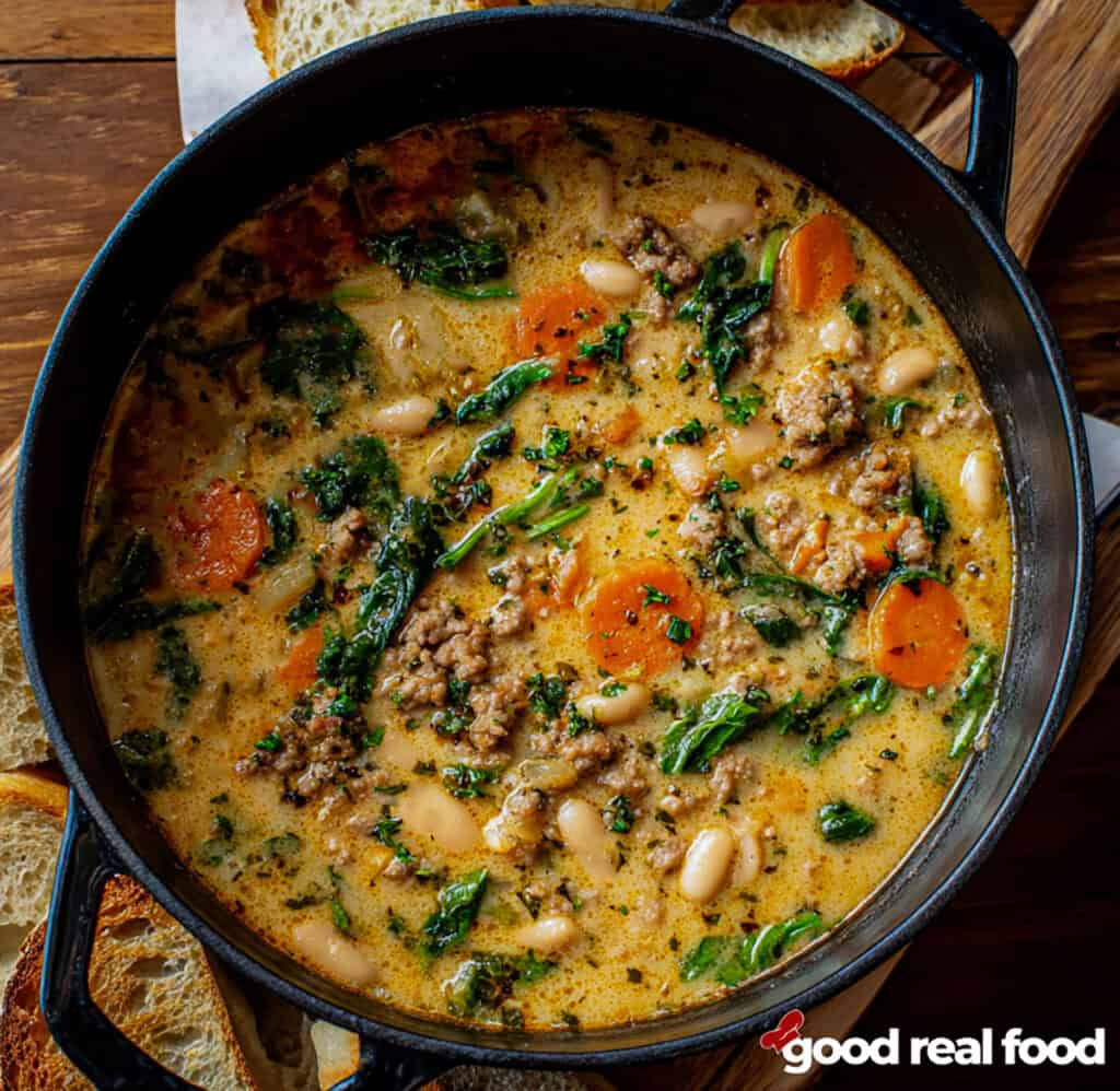 A large pot of tuscan white bean sausage soup.