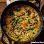 A large pot of tuscan white bean sausage soup.